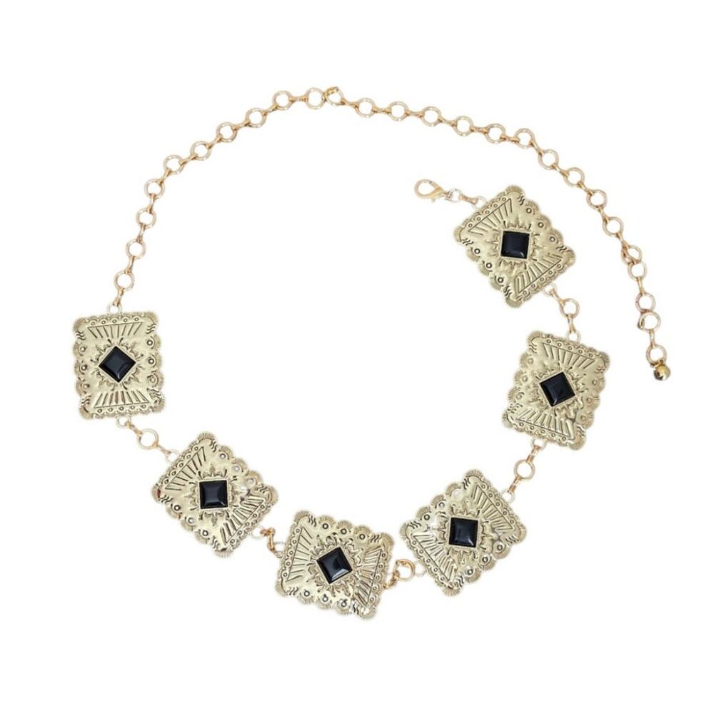 Boutique Gold Western Concho Chain Belt with Black Faux Stone accents